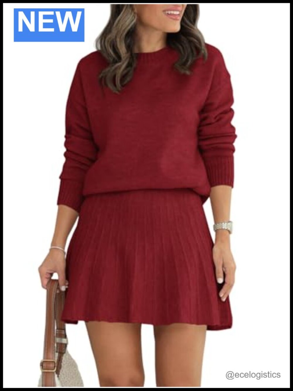 Women's 2 Piece Knit Skirt Set Crewneck Long Sleeve Pullover Pleated Mini Fall